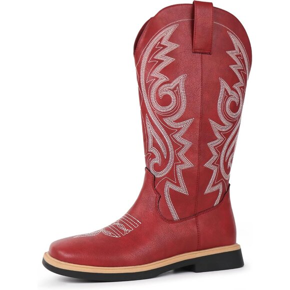 Women's Red Embroidered Square Toe Side Zipper Western Mid Calf Dress Boots - Picture 6 of 6